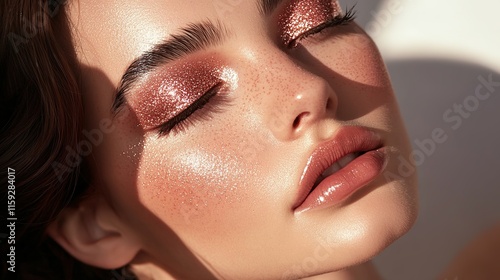 portrait of woman with rose gold glitter on her eyelids and subtle contouring under soft ring light photo