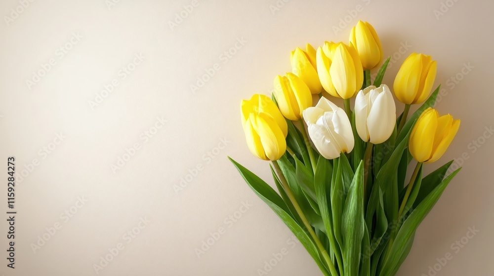 Fresh Yellow and White Tulips Arrangement on Soft Neutral Background for Spring Decor Fresh Yellow and White Tulips Arrangement on Soft Neutral Background for Spring Decor