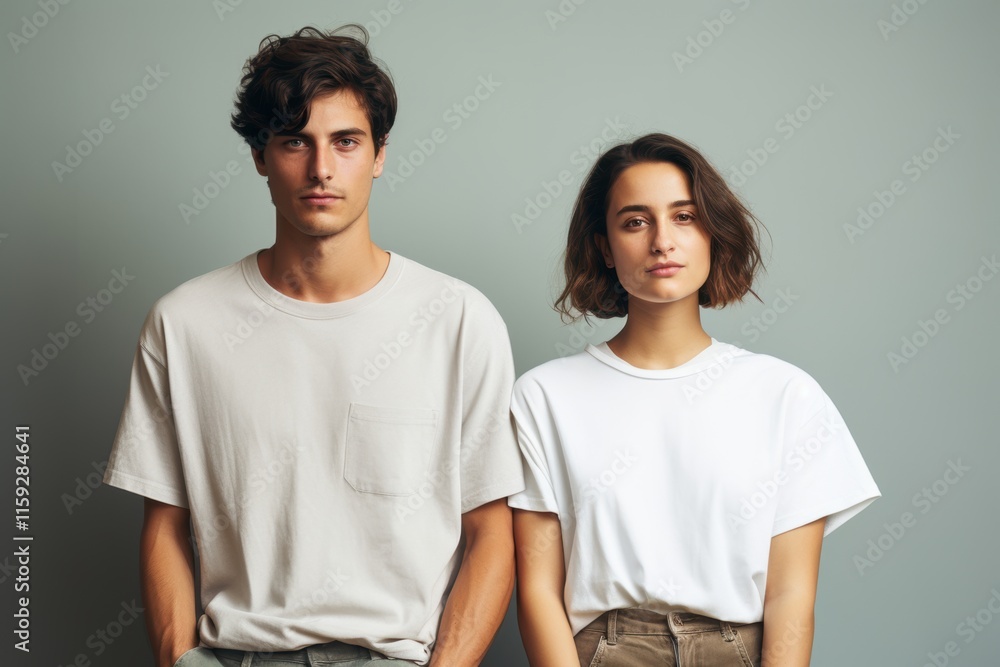 A man and a woman are standing next to each other, both wearing white t-shirts A man and a woman are standing next to each other, both wearing white t-shirts