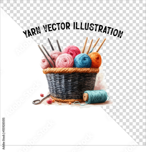 A clipart of knitting needles and yarn with basket. Skein of yarn with knitting needles