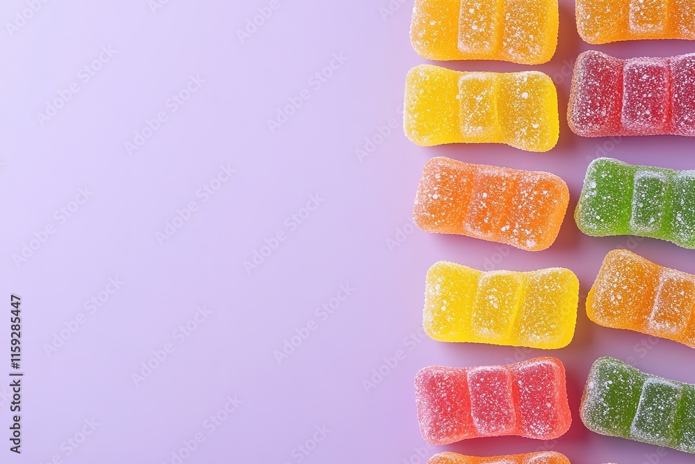 cluster of colorful gummy candies arranged neatly on soft lavender background under bright natural light cluster of colorful gummy candies arranged neatly on soft lavender background under bright natural light