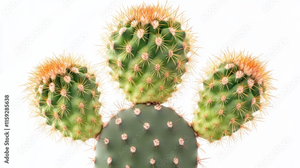 A close-up of a cactus with three prominent pads and spines against a white background. A close-up of a cactus with three prominent pads and spines against a white background.