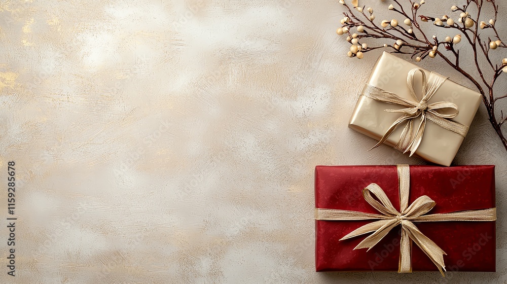 Elegant gold and red gift wrap textures with subtle discount icons, Seasonal Discounts, refined design Elegant gold and red gift wrap textures with subtle discount icons, Seasonal Discounts, refined design