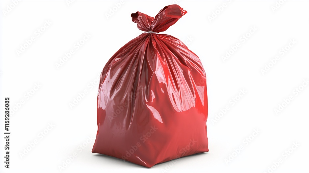 A full, tied red plastic trash bag on white background. A full, tied red plastic trash bag on white background.