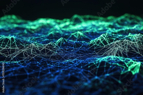 dense chaotic mesh of wireframe lines in glowing blue and green intersecting randomly over dark background photo