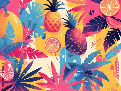 A vibrant tropical pattern featuring fruits and foliage in bold colors.