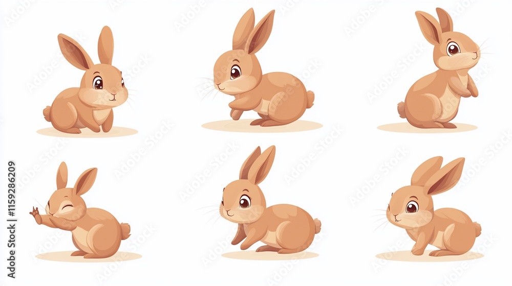 Six adorable cartoon bunnies in various poses on white background. Six adorable cartoon bunnies in various poses on white background.