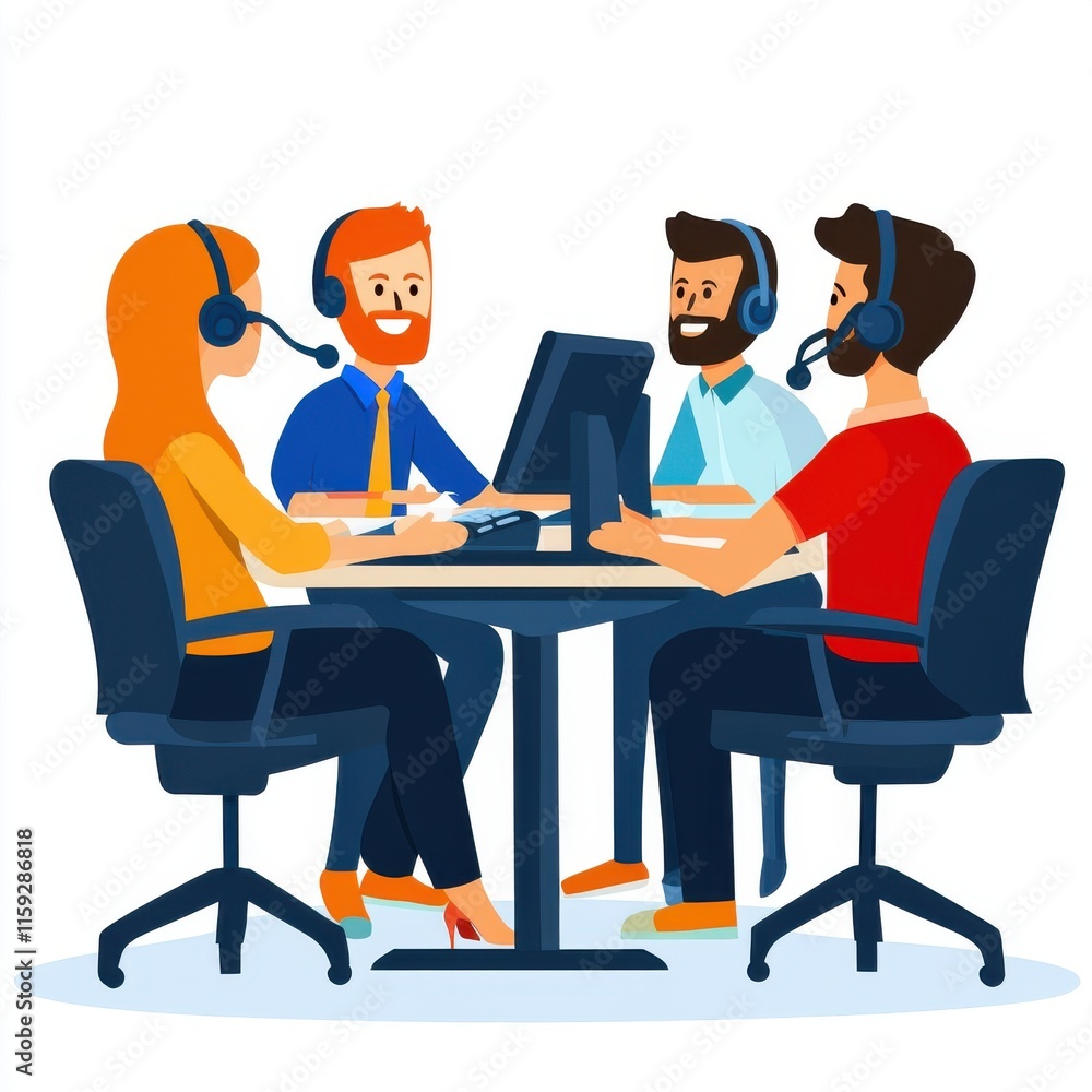 Four diverse professionals engaged in a team meeting, collaborating with headsets and a computer. Four diverse professionals engaged in a team meeting, collaborating with headsets and a computer.