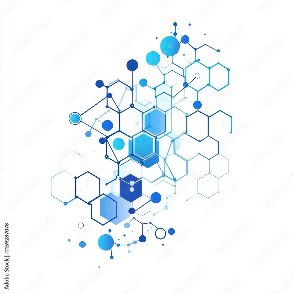 Abstract blue molecular structure design with hexagons and circles on a white background. Abstract blue molecular structure design with hexagons and circles on a white background.