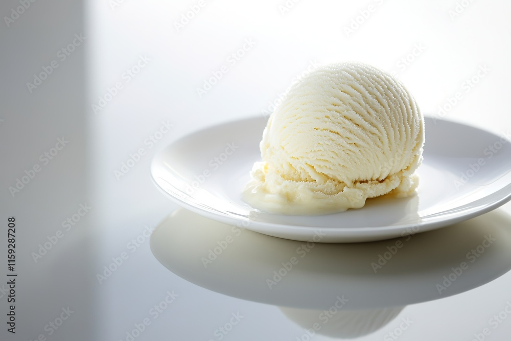 single scoop of vanilla ice cream resting on reflective white ceramic plate under bright natural light single scoop of vanilla ice cream resting on reflective white ceramic plate under bright natural light