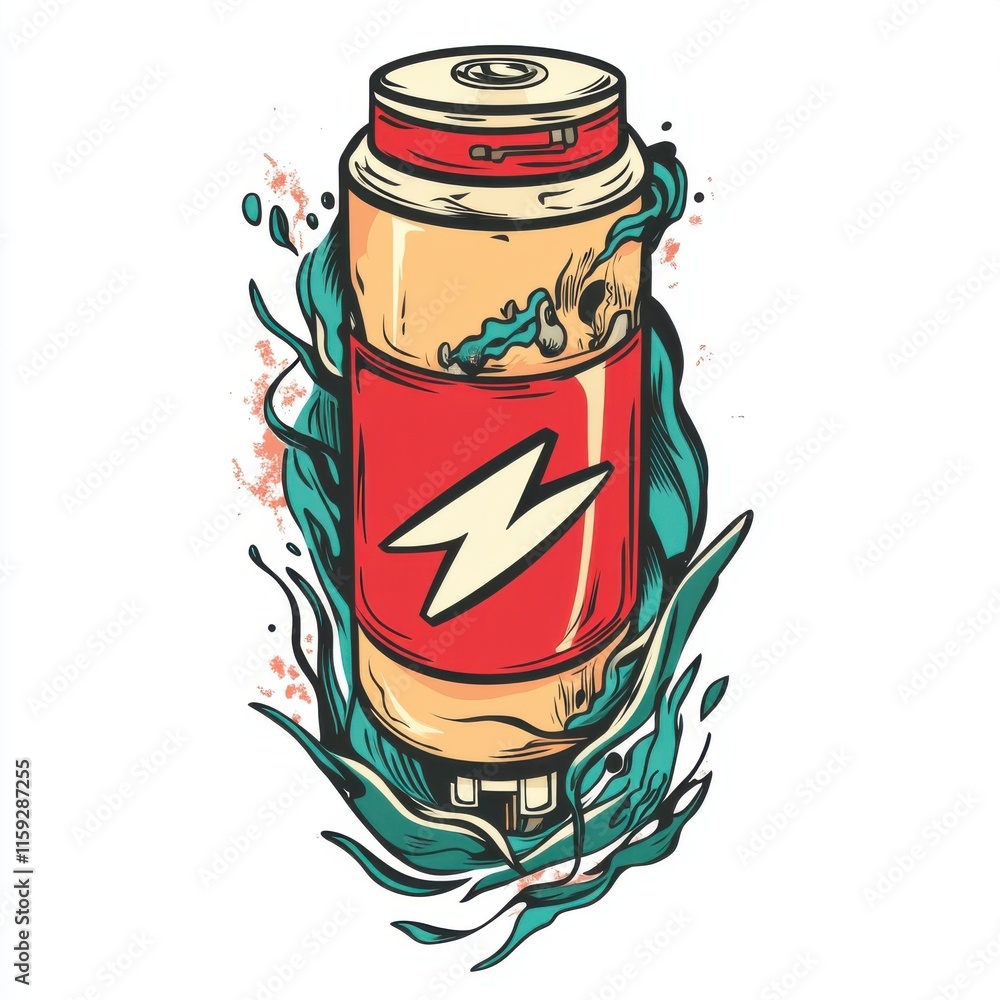 Fototapeta premium A vibrant illustration of a stylized energy drink can surrounded by dynamic splash elements.