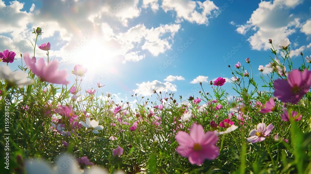 Vibrant Field of Wildflowers Under a Bright Blue Sky and Soft White Clouds Vibrant Field of Wildflowers Under a Bright Blue Sky and Soft White Clouds