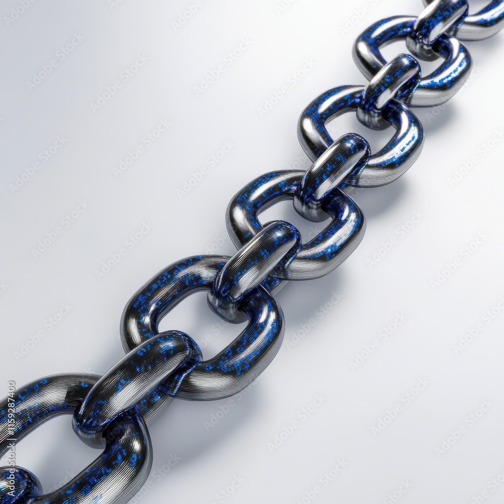 Fototapeta premium Close-up of a shiny, blue and silver metallic chain link on a smooth surface.