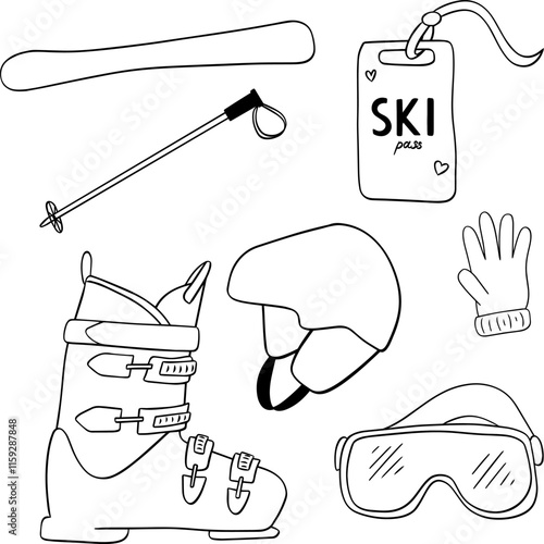 Snow ski equipment set hand-drawn graphic line art outline set. Vector Containing goggles, ski boots, gloves, ski poles, protection helmet, and snowboard bindings.