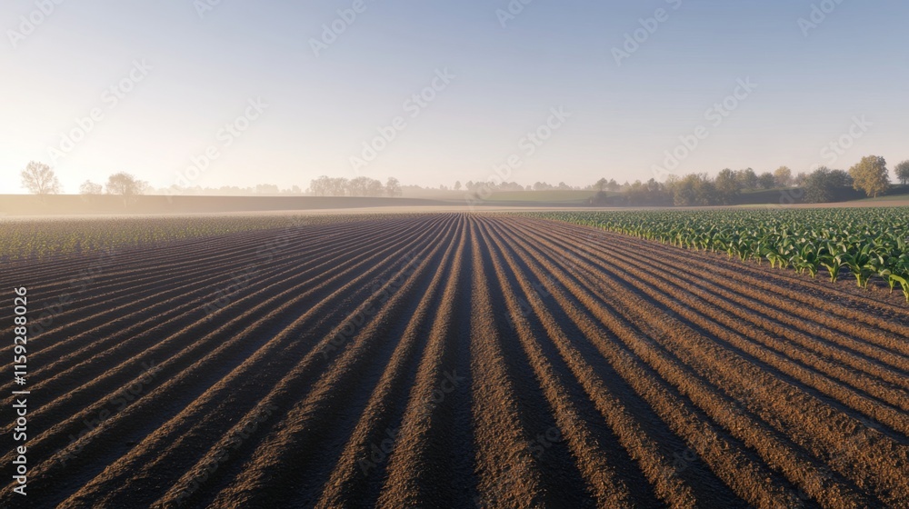 Freshly Plowed Field at Sunrise with Soft Light Freshly Plowed Field at Sunrise with Soft Light