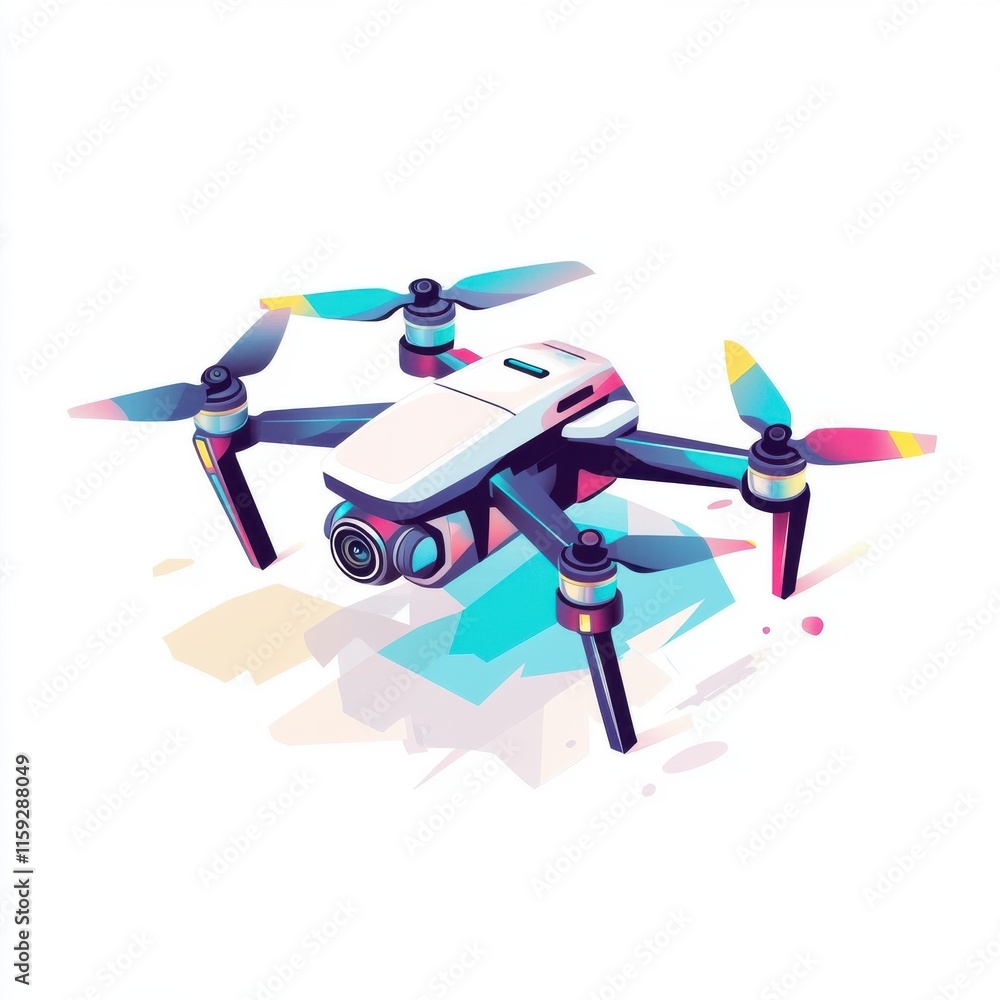 A colorful, stylized illustration of a modern drone with four rotors and a sleek design. A colorful, stylized illustration of a modern drone with four rotors and a sleek design.