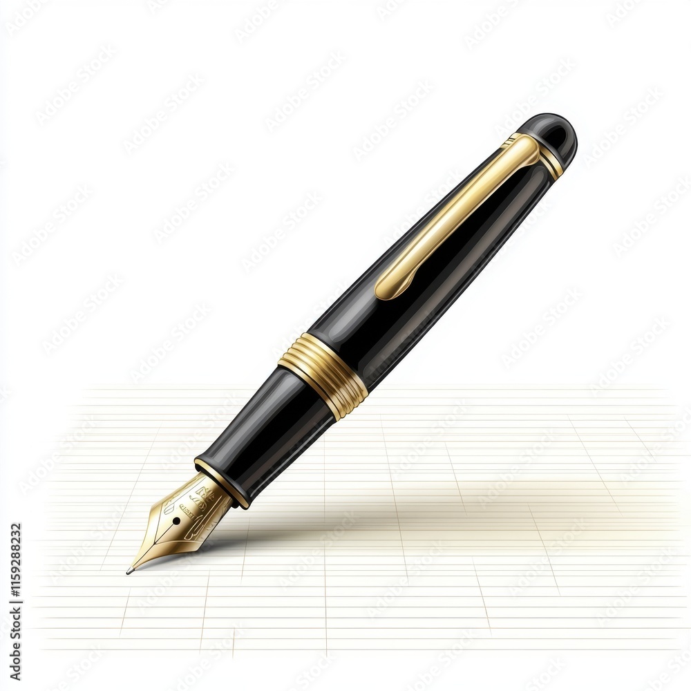 A luxurious black fountain pen with gold accents positioned elegantly on a lined notebook. A luxurious black fountain pen with gold accents positioned elegantly on a lined notebook.