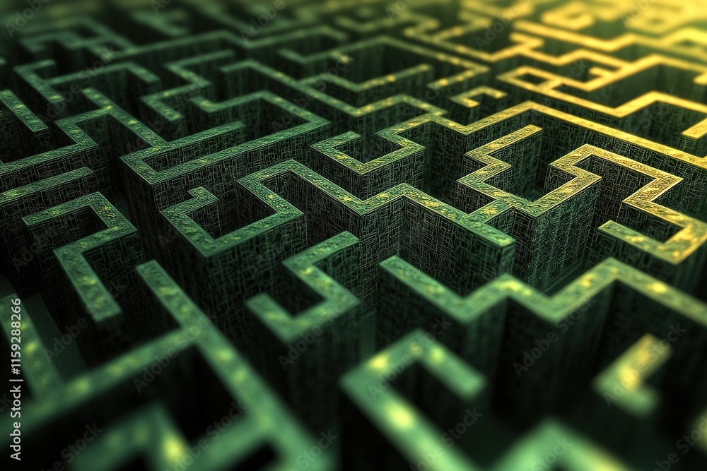 intricate fractal labyrinth with endlessly repeating patterns glowing softly in shades of green and gold intricate fractal labyrinth with endlessly repeating patterns glowing softly in shades of green and gold