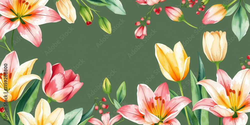 Obraz premium A green background with a flowery border. The flowers are pink and yellow. The background is a nice contrast to the flowers