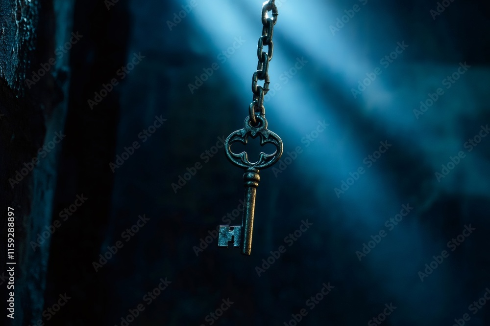 Old key hanging from chain in dark mysterious dungeon Old key hanging from chain in dark mysterious dungeon
