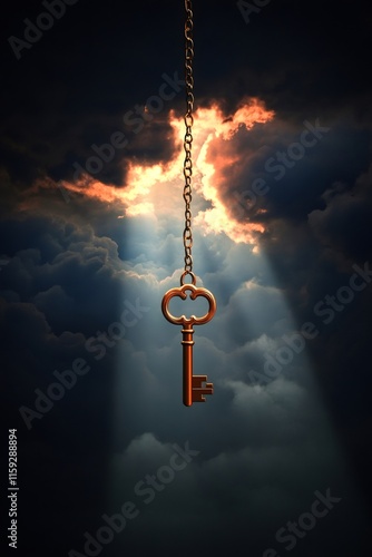 Golden key hanging from a chain in the sky with clouds and light rays