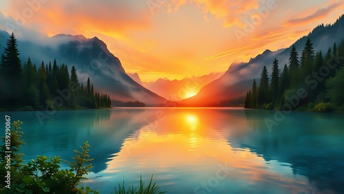 Wallpaper Mural Sunrise/Sunset Serenity - Mountain Lake Reflection Torontodigital.ca