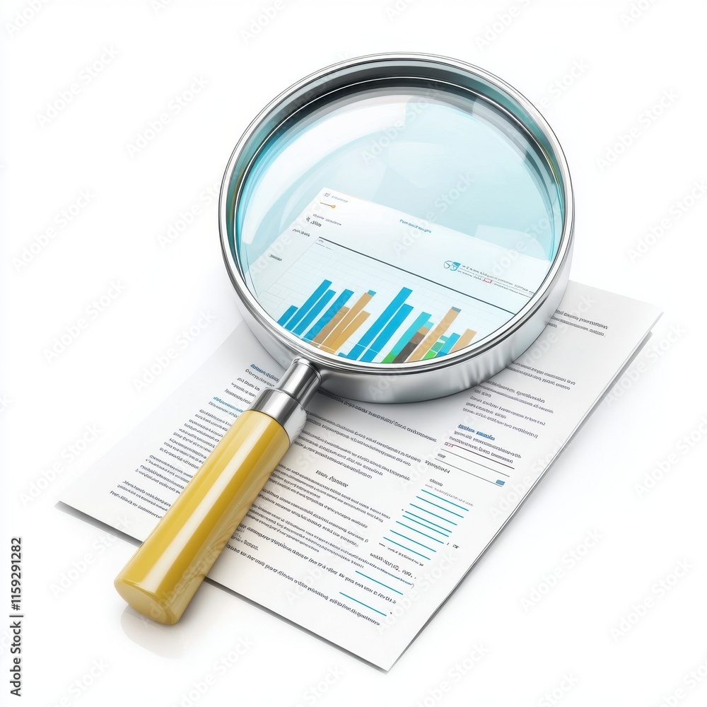 A large magnifying glass focuses on analytical charts and graphs on a document, highlighting data analysis. A large magnifying glass focuses on analytical charts and graphs on a document, highlighting data analysis.