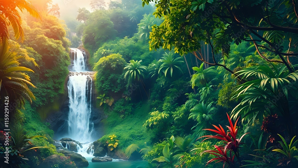 Fototapeta premium Vibrant Rainforest Waterfall in Warm Colors