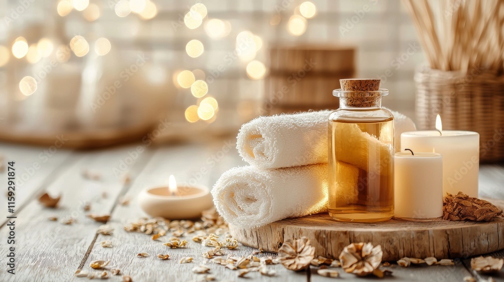 Cozy spa setup with candles and towels on a wooden surface Cozy spa setup with candles and towels on a wooden surface