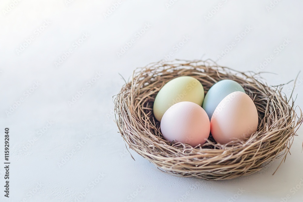 small woven nest containing three pastel-colored eggs resting on clean white surface small woven nest containing three pastel-colored eggs resting on clean white surface