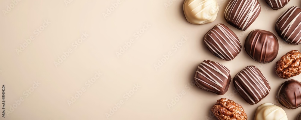 Minimal chocolates idea. A selection of delectable chocolates arranged on a smooth surface. Minimal chocolates idea. A selection of delectable chocolates arranged on a smooth surface.