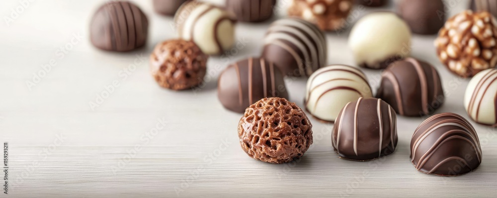 Minimal chocolates idea. An assortment of luxurious chocolate truffles on a textured surface. Minimal chocolates idea. An assortment of luxurious chocolate truffles on a textured surface.