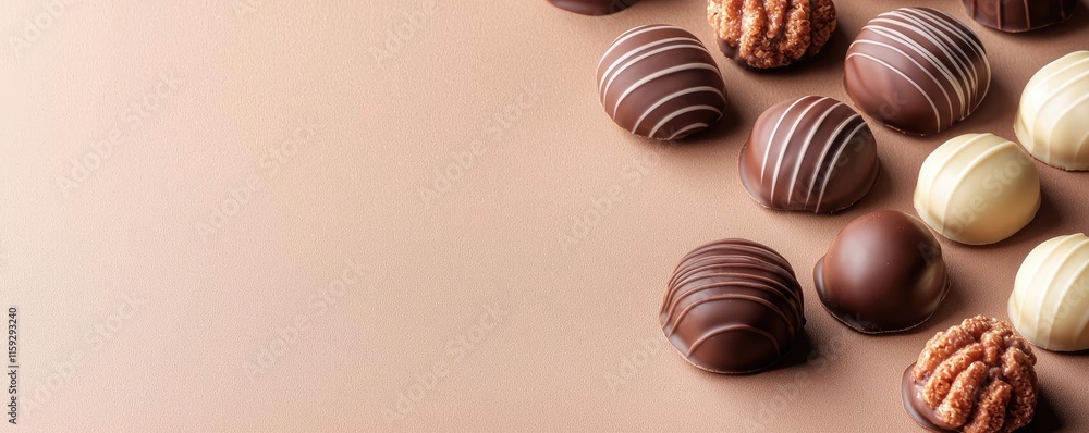 Minimal chocolates idea. Assorted gourmet chocolates arranged elegantly on a soft beige background. Minimal chocolates idea. Assorted gourmet chocolates arranged elegantly on a soft beige background.