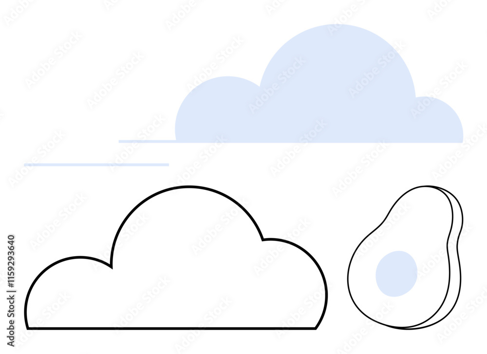 Abstract cloud with both filled and outlined styles beside an avocado shape. Ideal for weather themes, food representation, minimalistic art, digital designs, simplistic icons, creative Abstract cloud with both filled and outlined styles beside an avocado shape. Ideal for weather themes, food representation, minimalistic art, digital designs, simplistic icons, creative