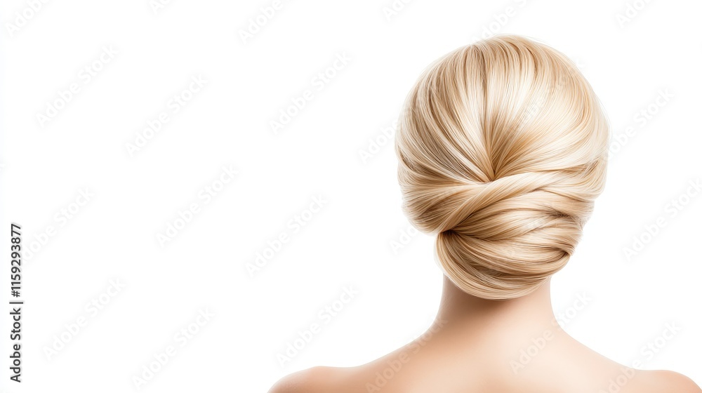 Elegant Updo Hairstyle on a Woman Showcasing Smooth, Shiny, Blonde Hair Against a Bright White Background for Beauty and Fashion Themes Elegant Updo Hairstyle on a Woman Showcasing Smooth, Shiny, Blonde Hair Against a Bright White Background for Beauty and Fashion Themes