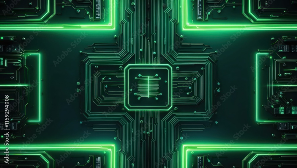 Fototapeta premium Futuristic electronic circuit design with glowing green lines and microchips, ideal for technology and innovation themes