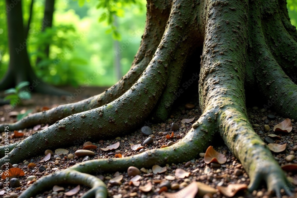 Fossilized tree trunk with roots exposed on rocky terrain, natural wonder, forest, geology Fossilized tree trunk with roots exposed on rocky terrain, natural wonder, forest, geology
