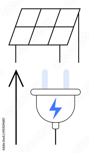 Solar panel converting sunlight into electricity. Upward arrow symbolizes energy generation. Plug with lightning bolt suggests power transfer. Ideal for renewable energy, sustainability, green