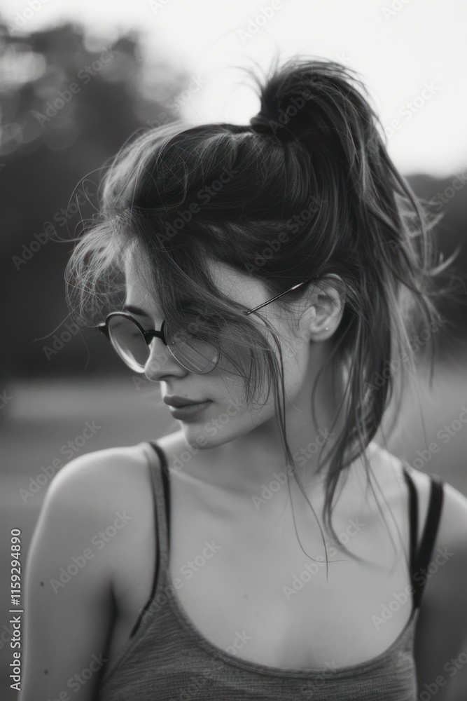 Elegant woman with a casual updo and glasses, outdoors. Elegant woman with a casual updo and glasses, outdoors.