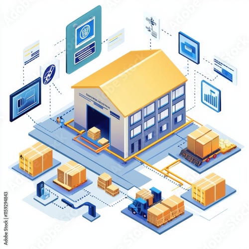 Wallpaper Mural A vibrant illustration of a modern warehouse with digital interfaces, showcasing logistics and inventory management. Torontodigital.ca