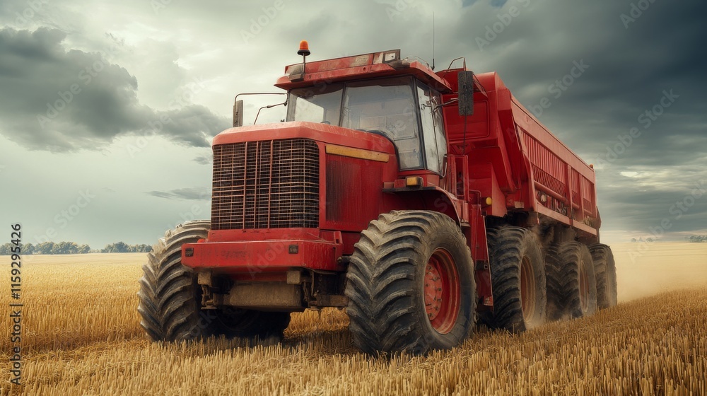 Red Tractor in Countryside with Dramatic Sky and Textures Red Tractor in Countryside with Dramatic Sky and Textures