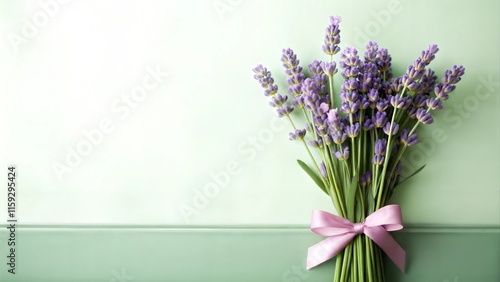 Bouquet of fresh lavender flowers tied with a pink ribbon on a soft green background, symbolizing tranquility and beauty, with copy space