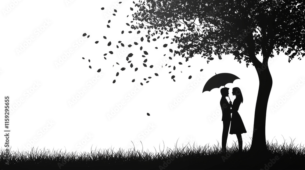 a couple holding an umbrella, standing under a tree isolated on a transparent background a couple holding an umbrella, standing under a tree isolated on a transparent background