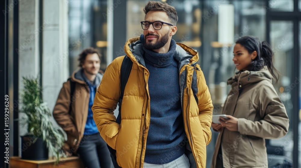Fototapeta premium Young man in yellow puffer jacket walking outdoors with friends.