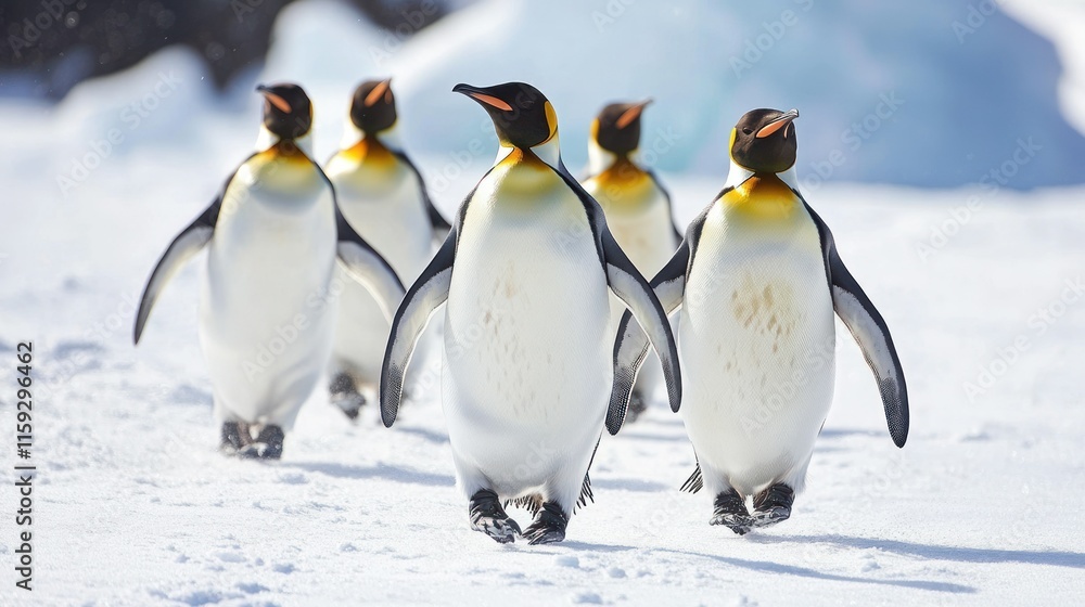 Fototapeta premium King penguins walking on snow in Antarctica.