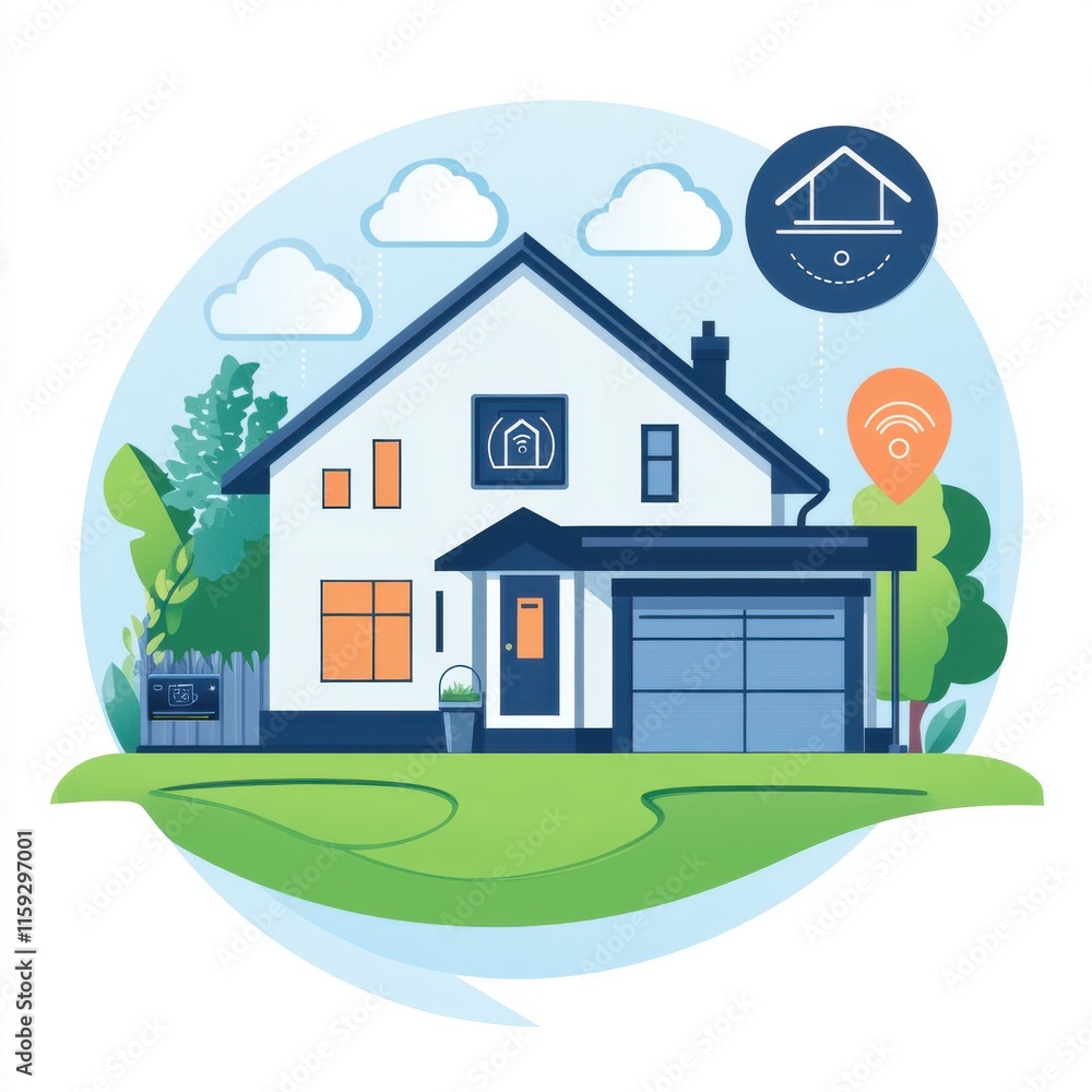 Naklejka premium A modern, digital illustration of a smart home surrounded by trees and clouds, showcasing technology and comfort.