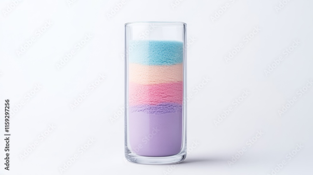 Vibrant Multi-Colored Layered Drink in Clear Glass Against Minimalist Background Showcasing Soft Pastel Shades and Textures for Refreshing Beverage Concepts Vibrant Multi-Colored Layered Drink in Clear Glass Against Minimalist Background Showcasing Soft Pastel Shades and Textures for Refreshing Beverage Concepts
