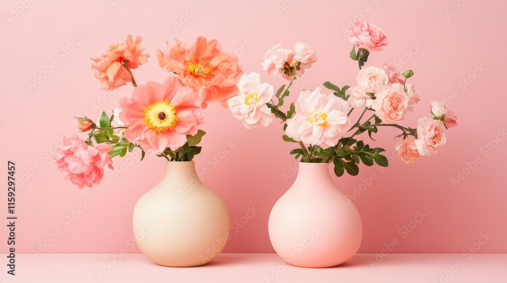 Two elegant vases filled with soft pink flower against a pastel pink background. Two elegant vases filled with soft pink flower against a pastel pink background.