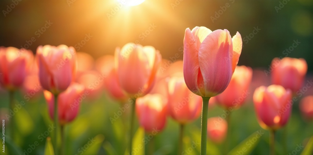 Fototapeta premium Morning light highlights the delicate peach hues of open tulips, soft focus, morning light