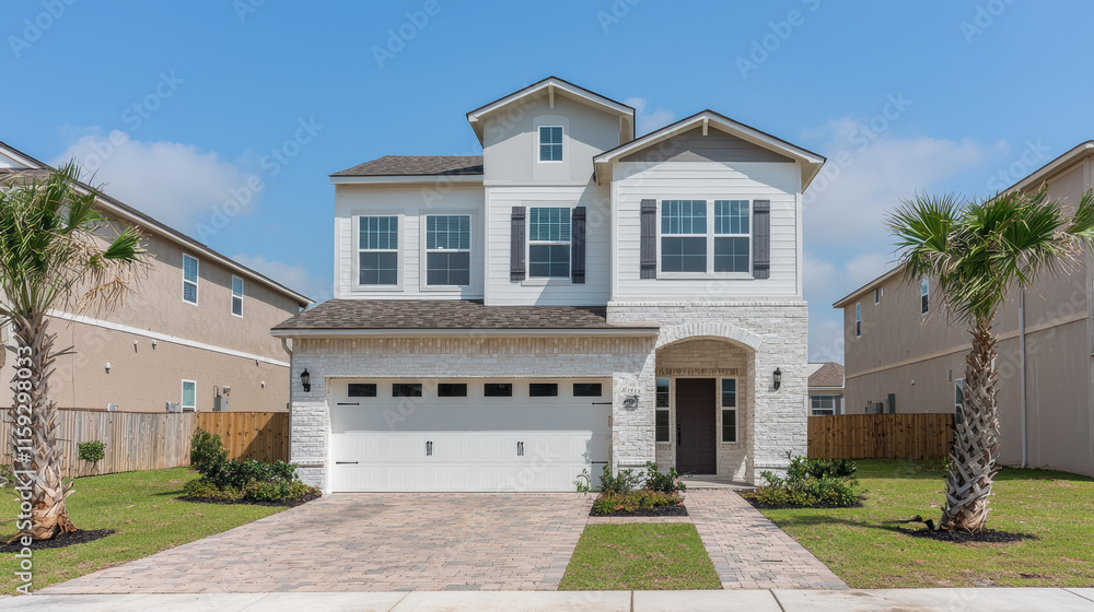 Obraz premium Modern two story house with stone facade and palm trees in front yard